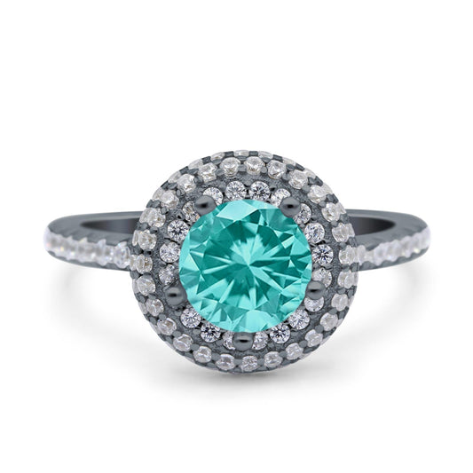 Halo Art Deco Wedding Ring Round Black Tone, Simulated Paraiba Tourmaline CZ