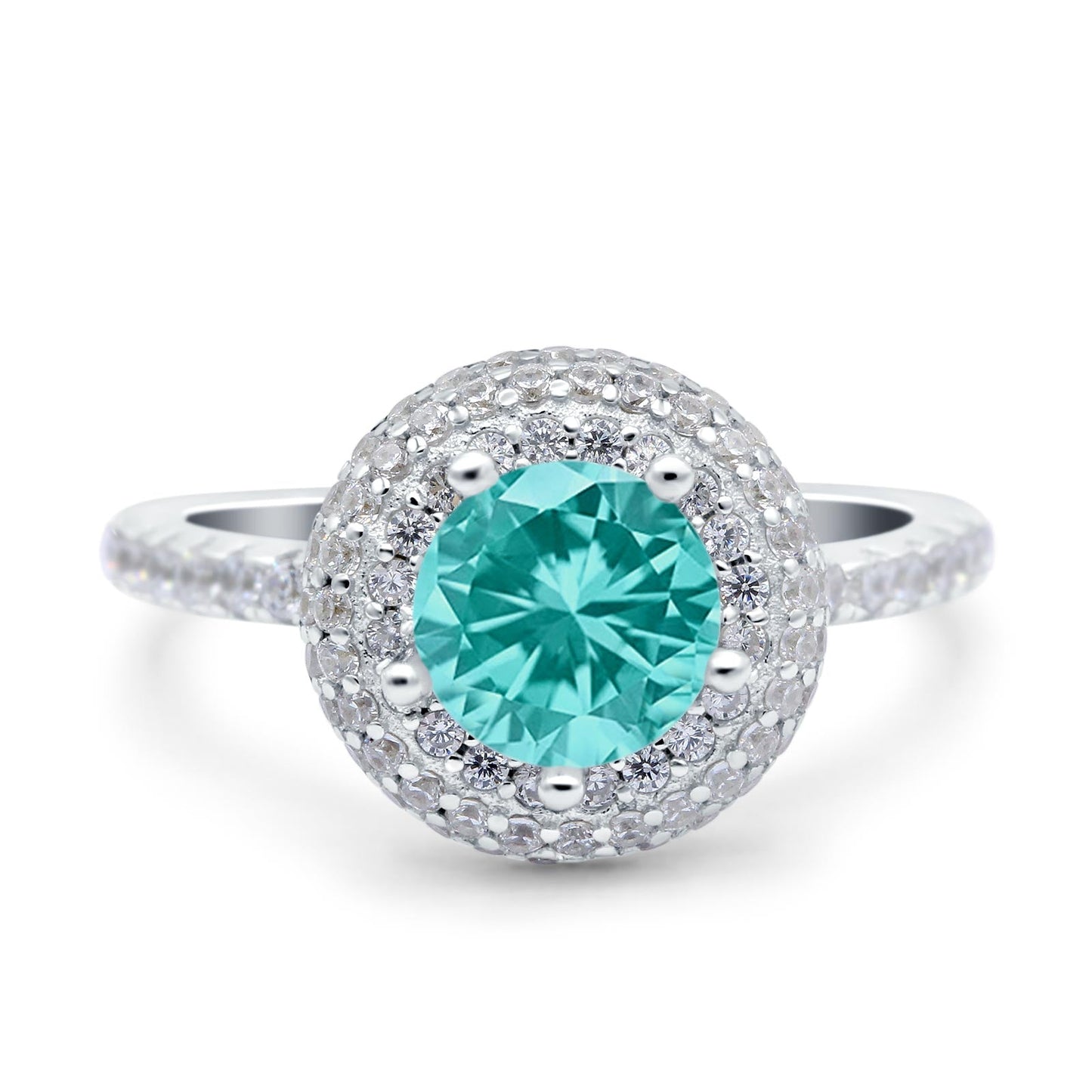 Halo Art Deco Wedding Ring Round Simulated Paraiba Tourmaline CZ