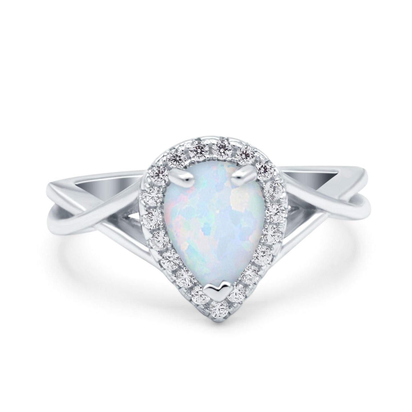 Pear Twist Infinity Shank Lab Created White Opal Wedding Ring