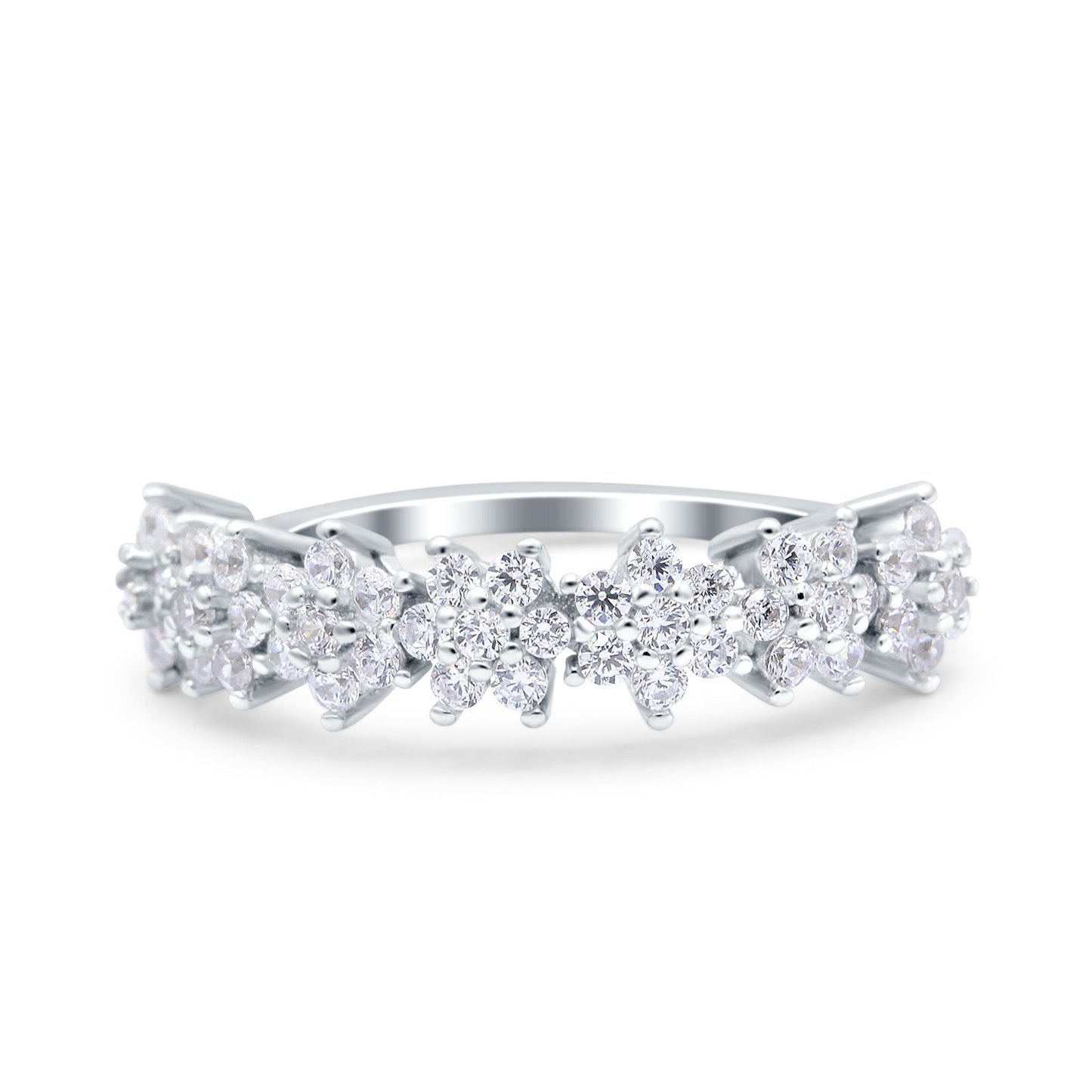 7-Stone Flower Half Eternity Wedding Ring Band Round Simulated Cubic Zirconia