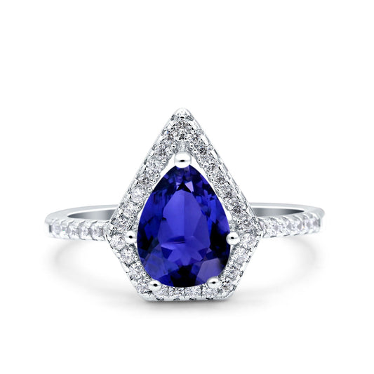 Halo Art Deco Solitaire Accent Pear Wedding Bridal Ring Simulated Blue Sapphire CZ