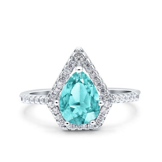 Halo Art Deco Solitaire Accent Pear Wedding Bridal Ring Simulated Paraiba Tourmaline CZ