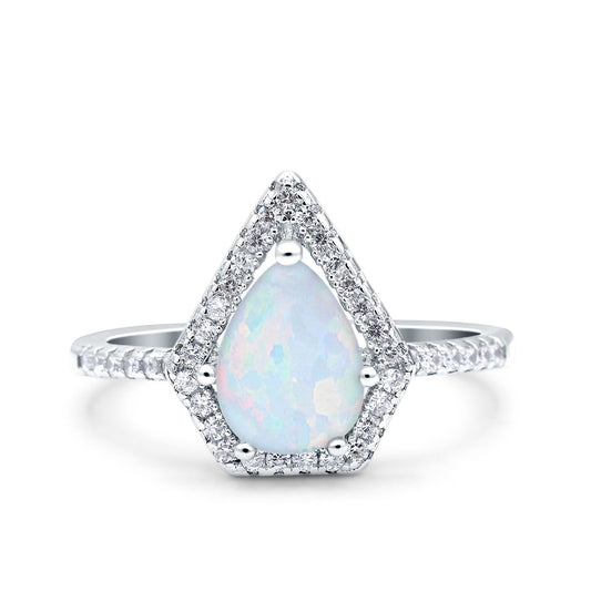 Halo Art Deco Solitaire Accent Pear Wedding Bridal Ring Lab Created White Opal