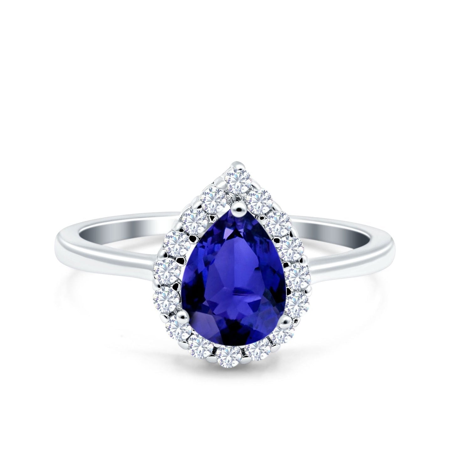 Teardrop Halo Art Deco Pear Wedding Ring Simulated Blue Sapphire CZ