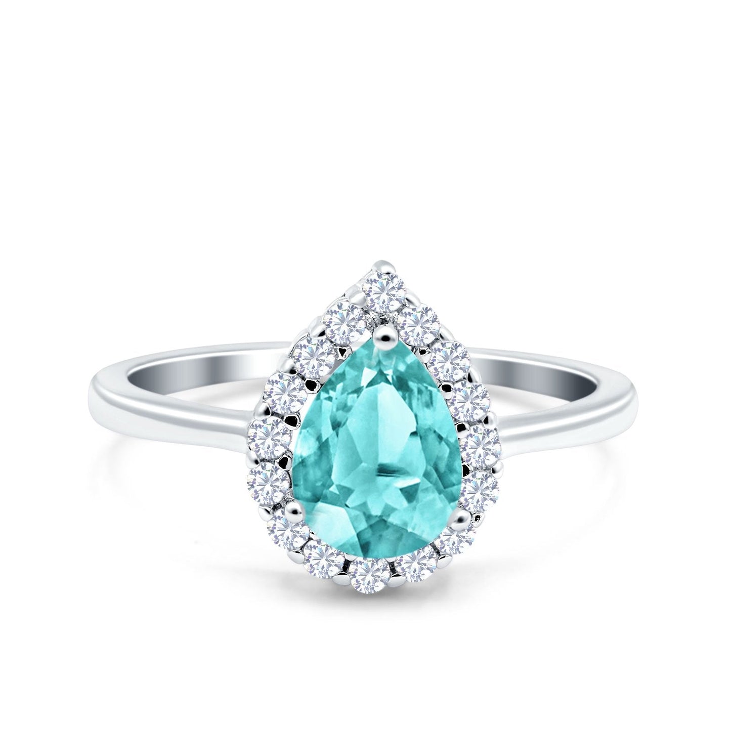 Teardrop Halo Art Deco Pear Wedding Ring Simulated Paraiba Tourmaline CZ