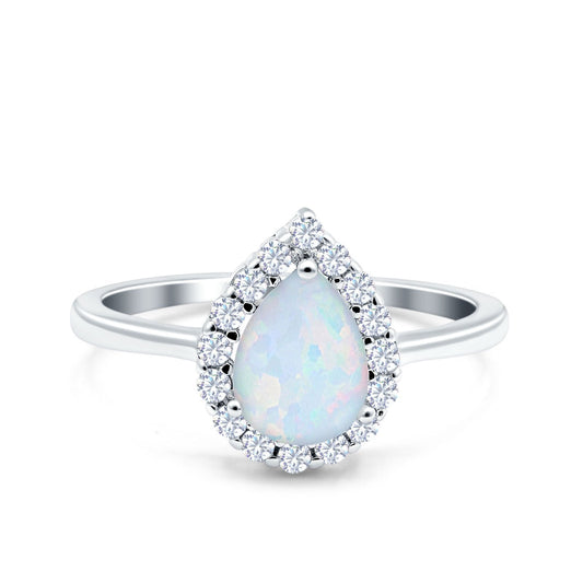 Teardrop Halo Art Deco Pear Wedding Ring Lab Created White Opal