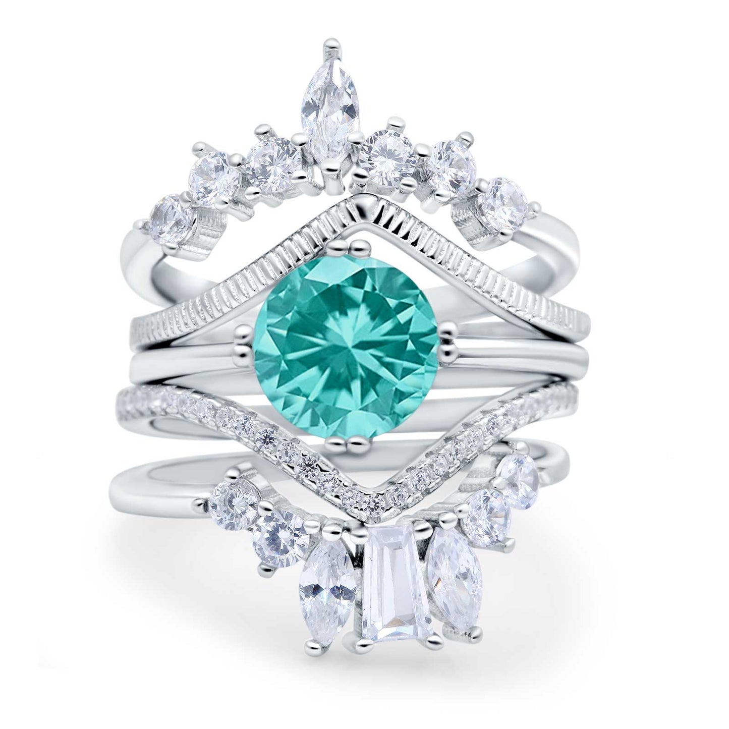 Trio Set Three Piece Bridal Round Simulated Paraiba Tourmaline CZ Wedding Ring