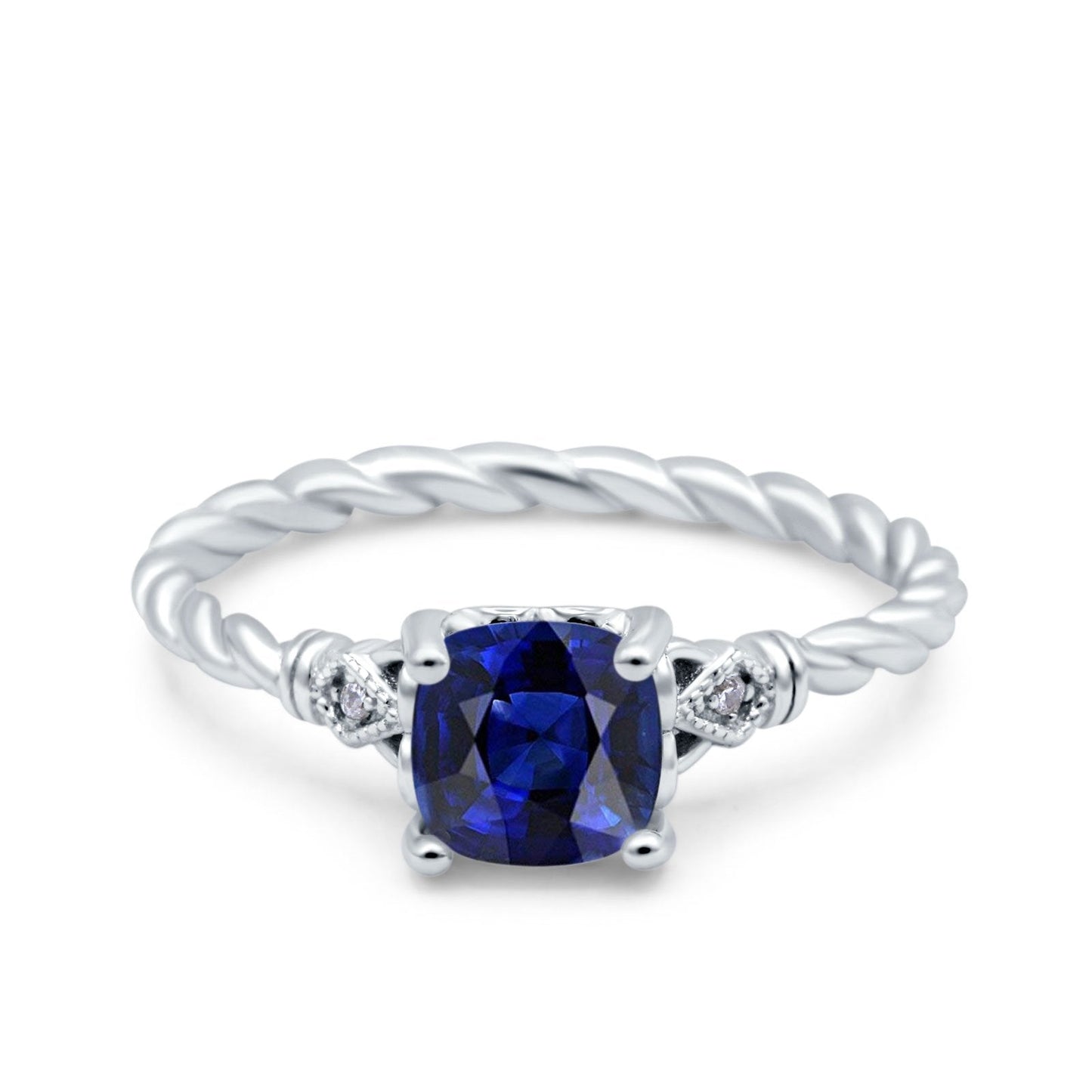 Art Deco Cushion Three Stone Wedding Bridal Ring Simulated Blue Sapphire CZ