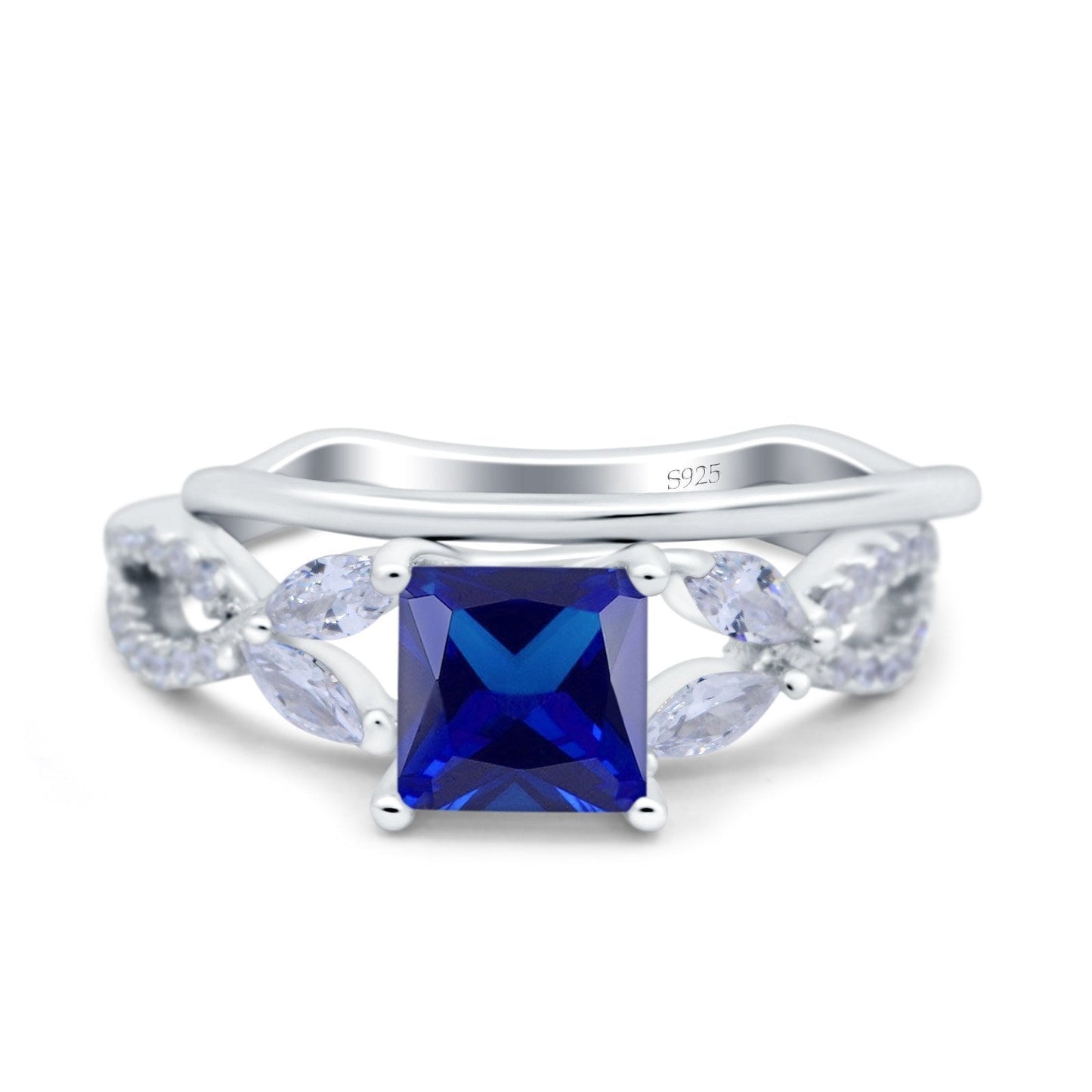 Two Piece Art Deco Princess Cut Wedding Bridal Ring Simulated Blue Sapphire CZ