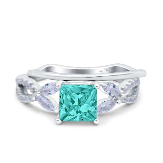 Two Piece Art Deco Princess Cut Wedding Bridal Ring Simulated Paraiba Tourmaline CZ