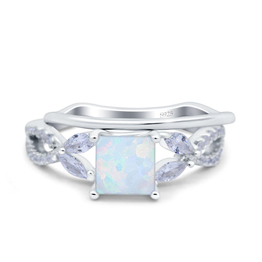 Two Piece Art Deco Princess Cut Wedding Bridal Ring Lab Created White Opal