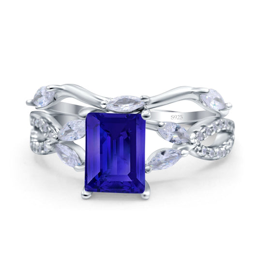 Two Piece Art Deco Emerald Cut Wedding Bridal Ring Simulated Blue Sapphire CZ