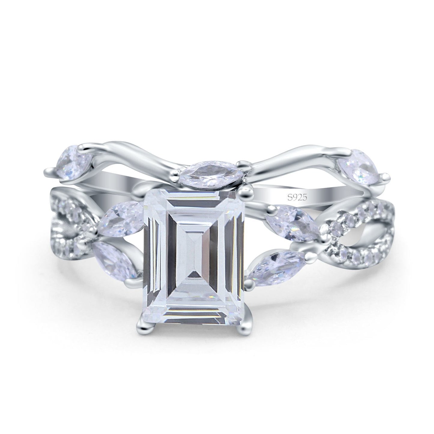 Two Piece Art Deco Emerald Cut Wedding Bridal Ring Simulated Cubic Zirconia