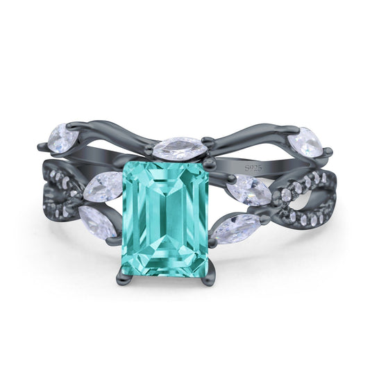 Two Piece Art Deco Emerald Cut Wedding Bridal Ring Black Tone, Simulated Paraiba Tourmaline CZ