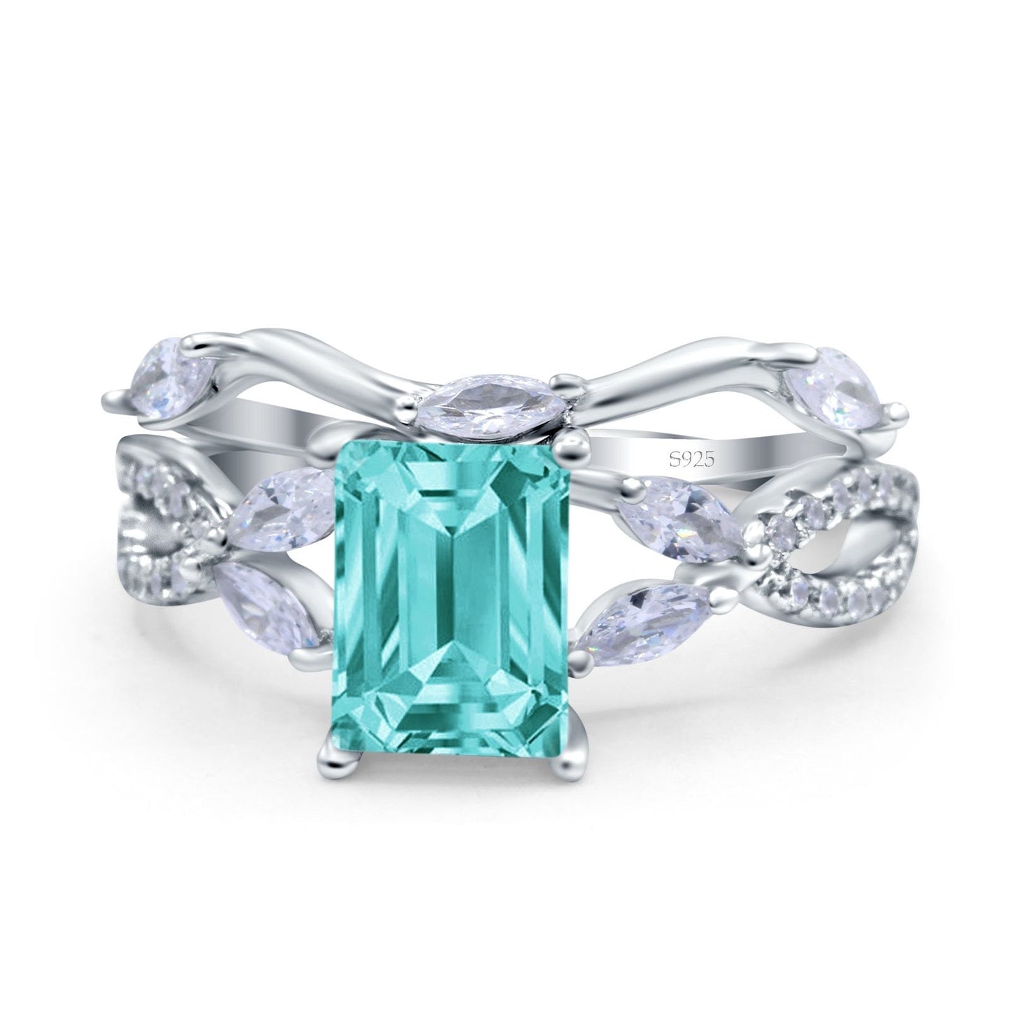 Two Piece Art Deco Emerald Cut Wedding Bridal Ring Simulated Paraiba Tourmaline CZ