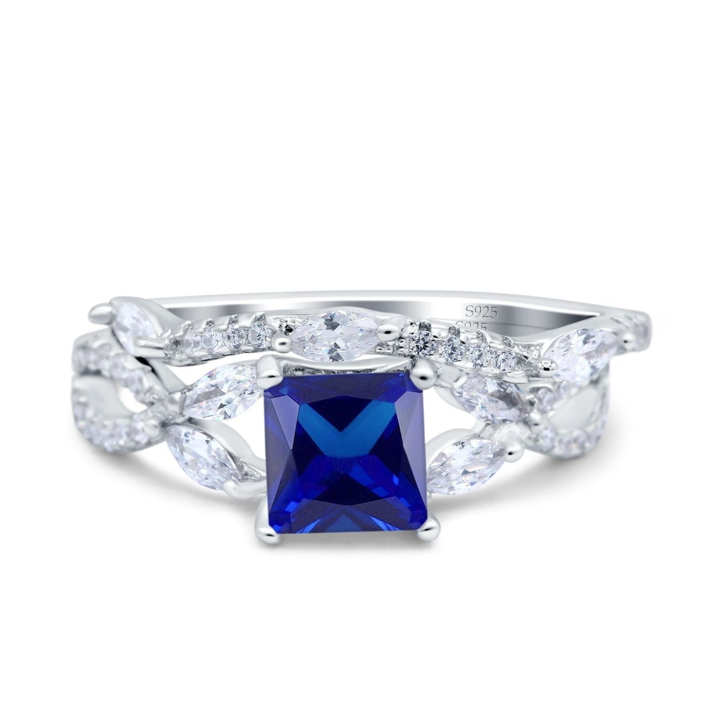 Two Piece Bridal Ring Art Deco Princess Cut Engagement Simulated Blue Sapphire CZ