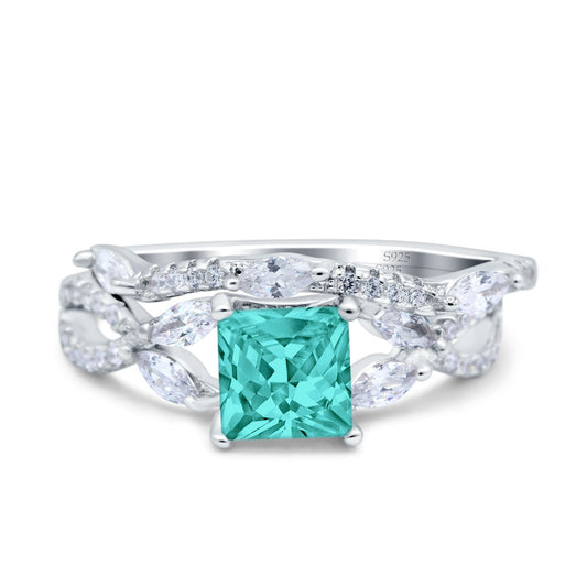 Two Piece Bridal Ring Art Deco Princess Cut Engagement Simulated Paraiba Tourmaline CZ