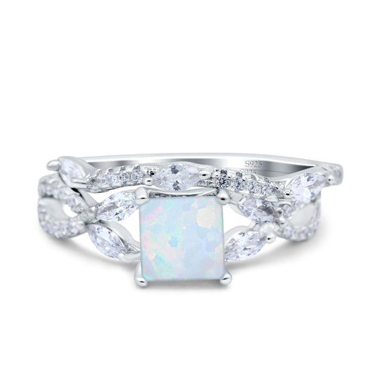 Two Piece Bridal Ring Art Deco Princess Cut Engagement Lab Created White Opal