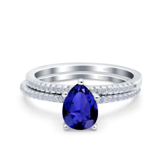 Two Piece Art Deco Pear Engagement Bridal Ring Band Simulated Blue Sapphire CZ