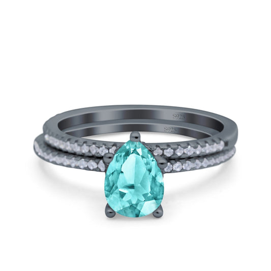 Two Piece Art Deco Pear Engagement Bridal Ring Band Black Tone, Simulated Paraiba Tourmaline CZ