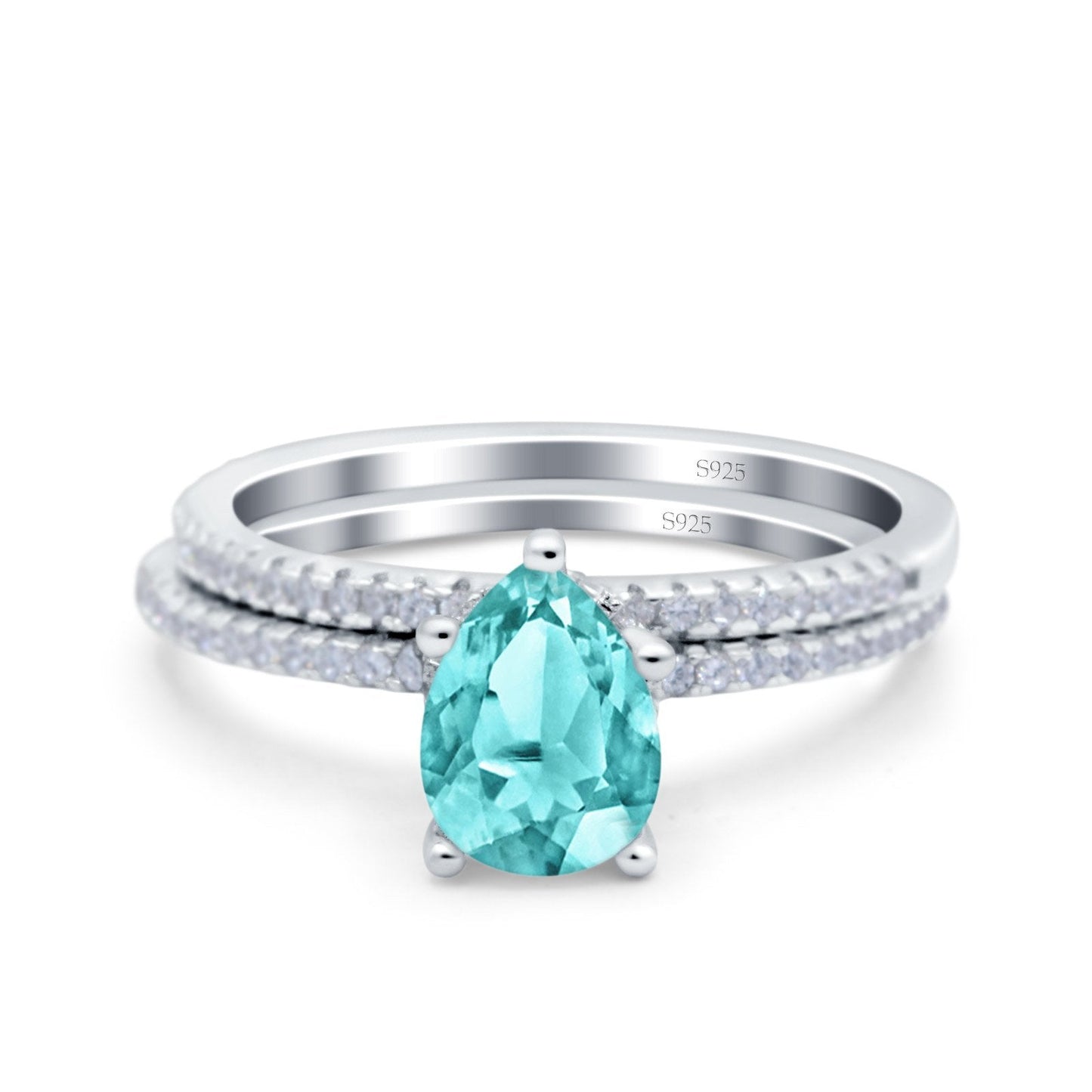 Two Piece Art Deco Pear Engagement Bridal Ring Band Simulated Paraiba Tourmaline CZ