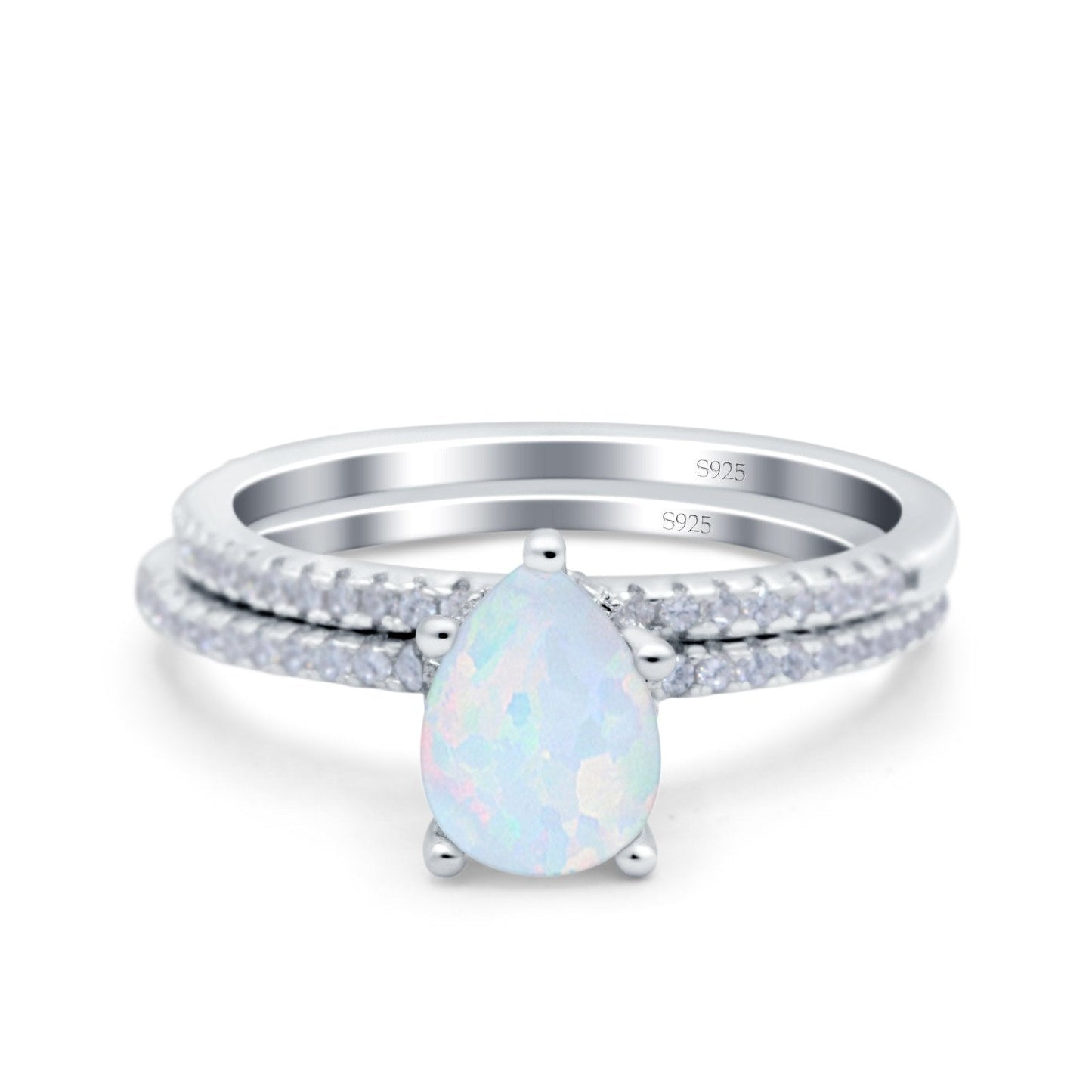 Two Piece Art Deco Pear Engagement Bridal Ring Band Lab Created White Opal