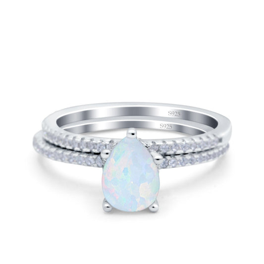 Two Piece Art Deco Pear Engagement Bridal Ring Band Lab Created White Opal