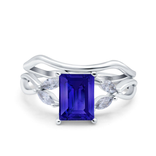 Two Piece Art Deco Emerald Cut Wedding Ring Simulated Blue Sapphire CZ