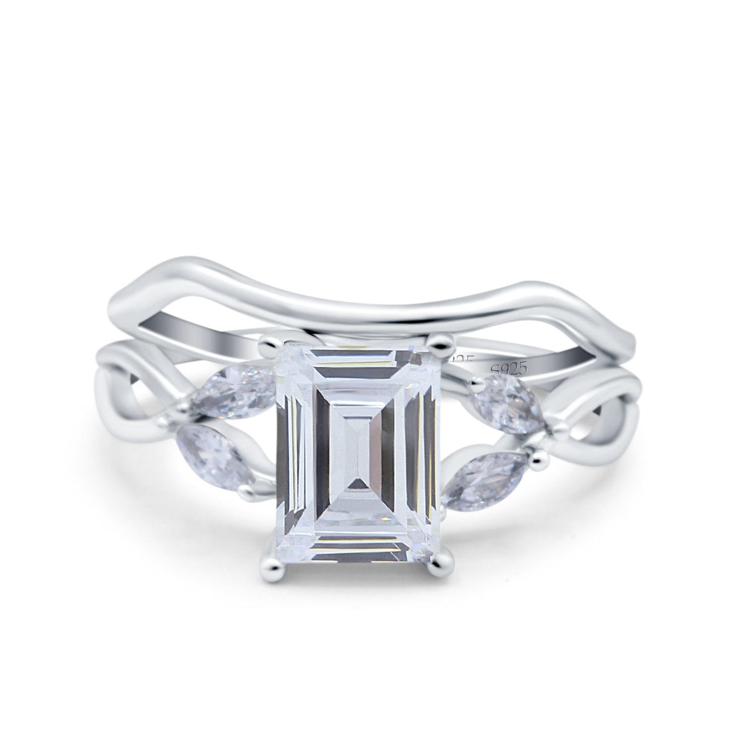 Two Piece Art Deco Emerald Cut Wedding Ring Simulated Cubic Zirconia