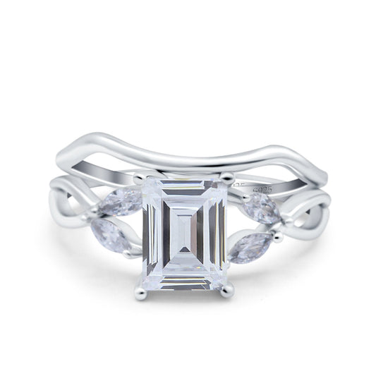 Two Piece Art Deco Emerald Cut Wedding Ring Simulated Cubic Zirconia