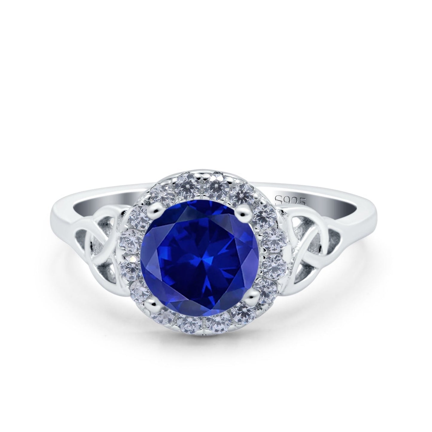 Celtic Halo Art Deco Wedding Ring Round Simulated Blue Sapphire CZ