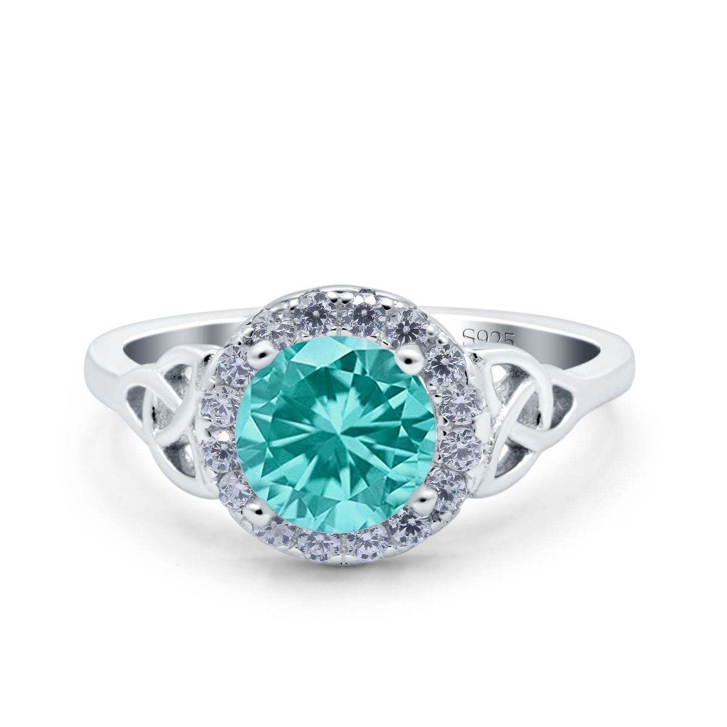 Celtic Halo Art Deco Wedding Ring Round Simulated Paraiba Tourmaline CZ