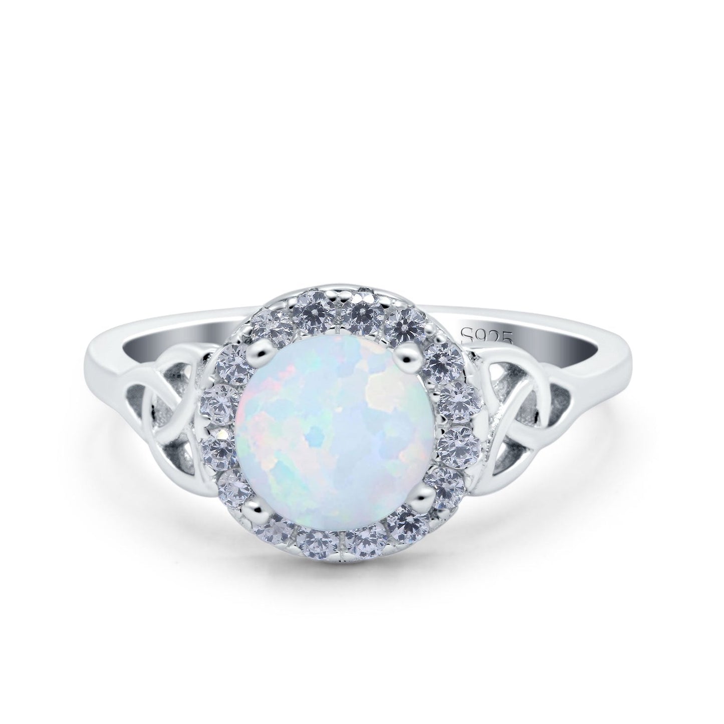 Celtic Halo Art Deco Wedding Ring Round Lab Created White Opal