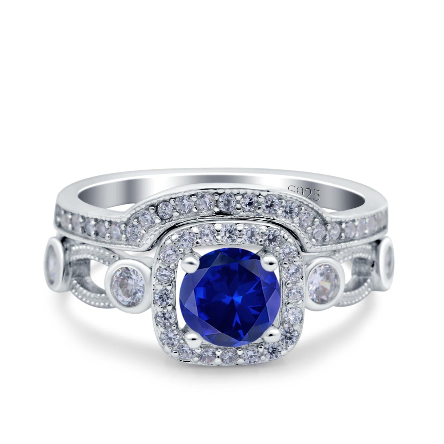 Two Piece Art Deco Wedding Ring Band Round Simulated Blue Sapphire CZ