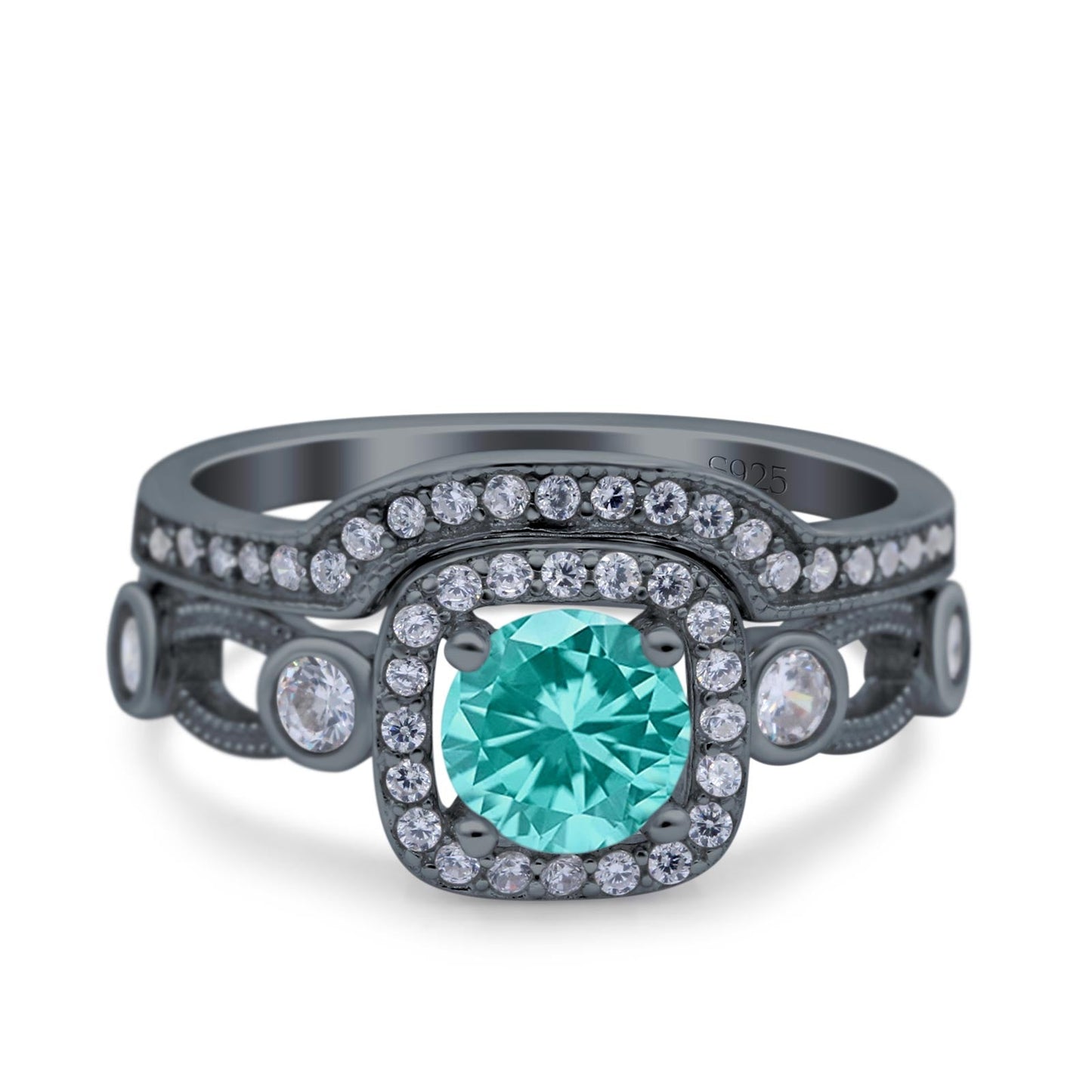 Two Piece Art Deco Wedding Ring Band Round Black Tone, Simulated Paraiba Tourmaline CZ