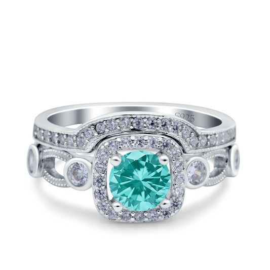 Two Piece Art Deco Wedding Ring Band Round Simulated Paraiba Tourmaline CZ