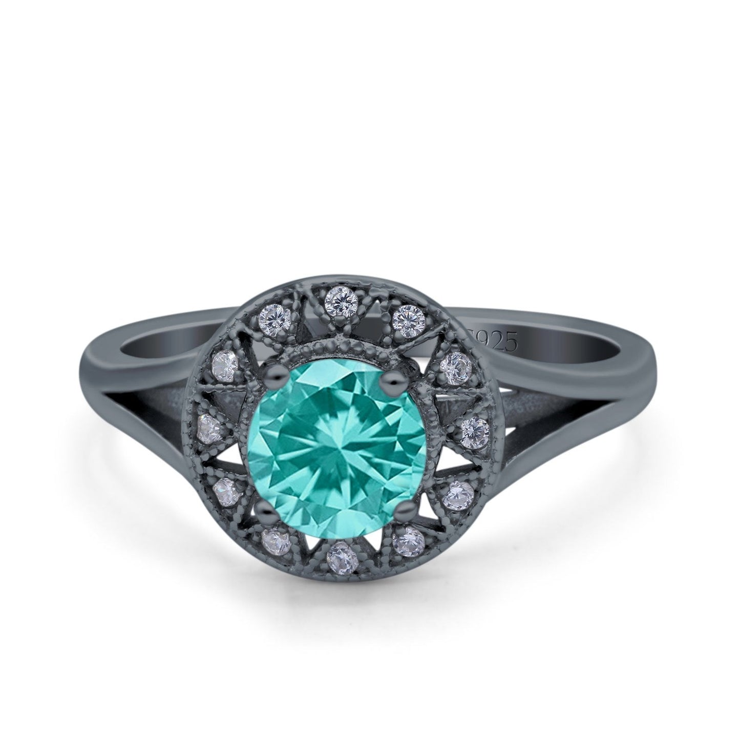 Celtic Halo Engagement Ring Round Black Tone, Simulated Paraiba Tourmaline CZ