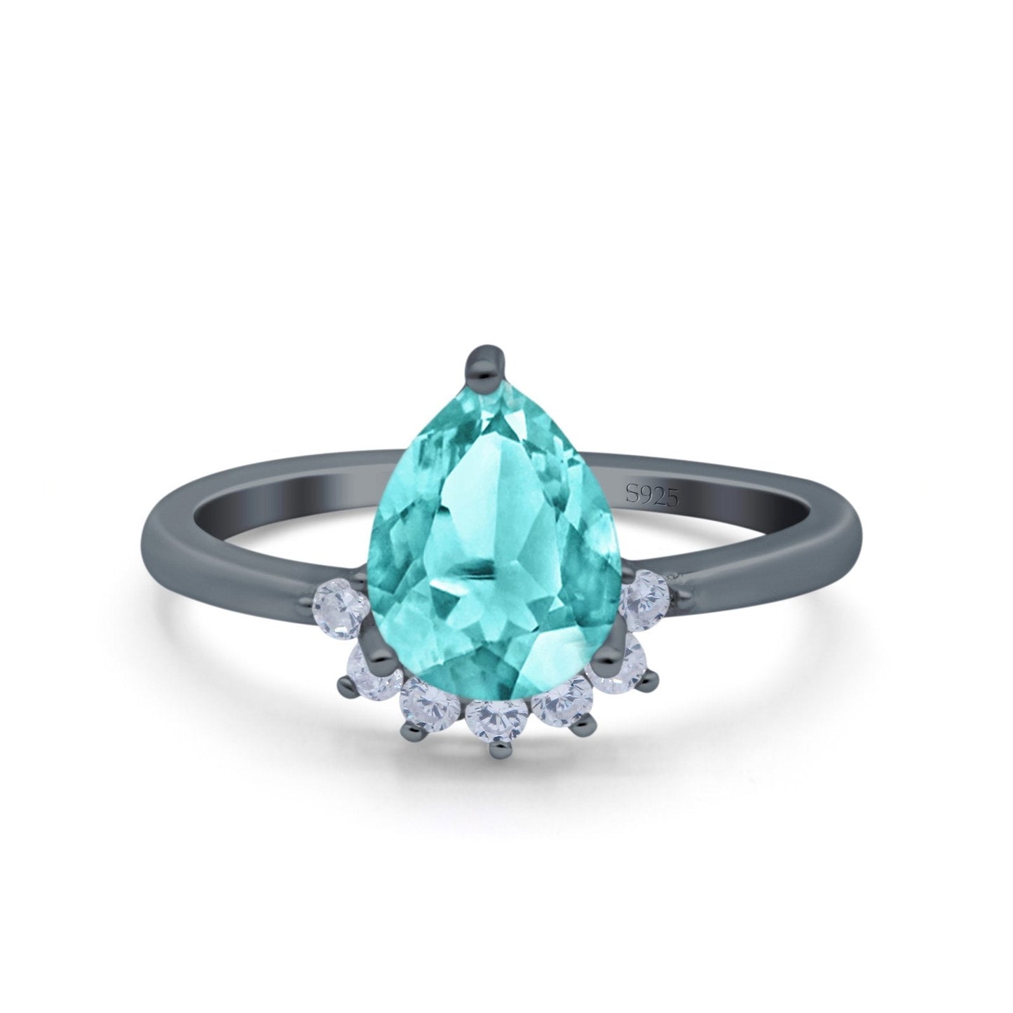 Teardrop Art Deco Pear Engagement Ring Black Tone, Simulated Paraiba Tourmaline CZ