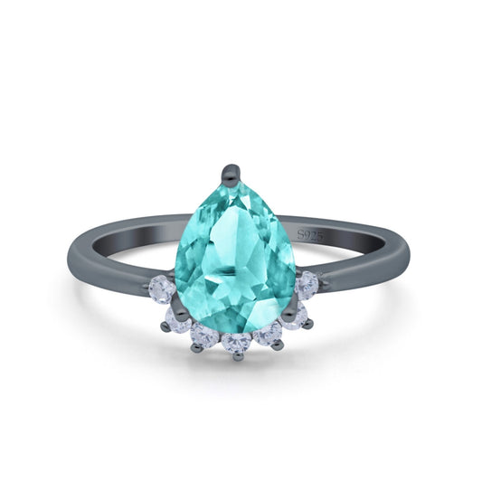 Teardrop Art Deco Pear Engagement Ring Black Tone, Simulated Paraiba Tourmaline CZ