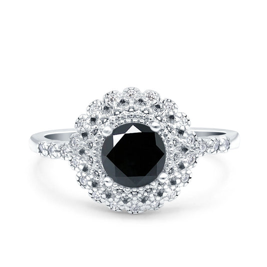 Halo Art Deco Wedding Ring Round Simulated Black CZ