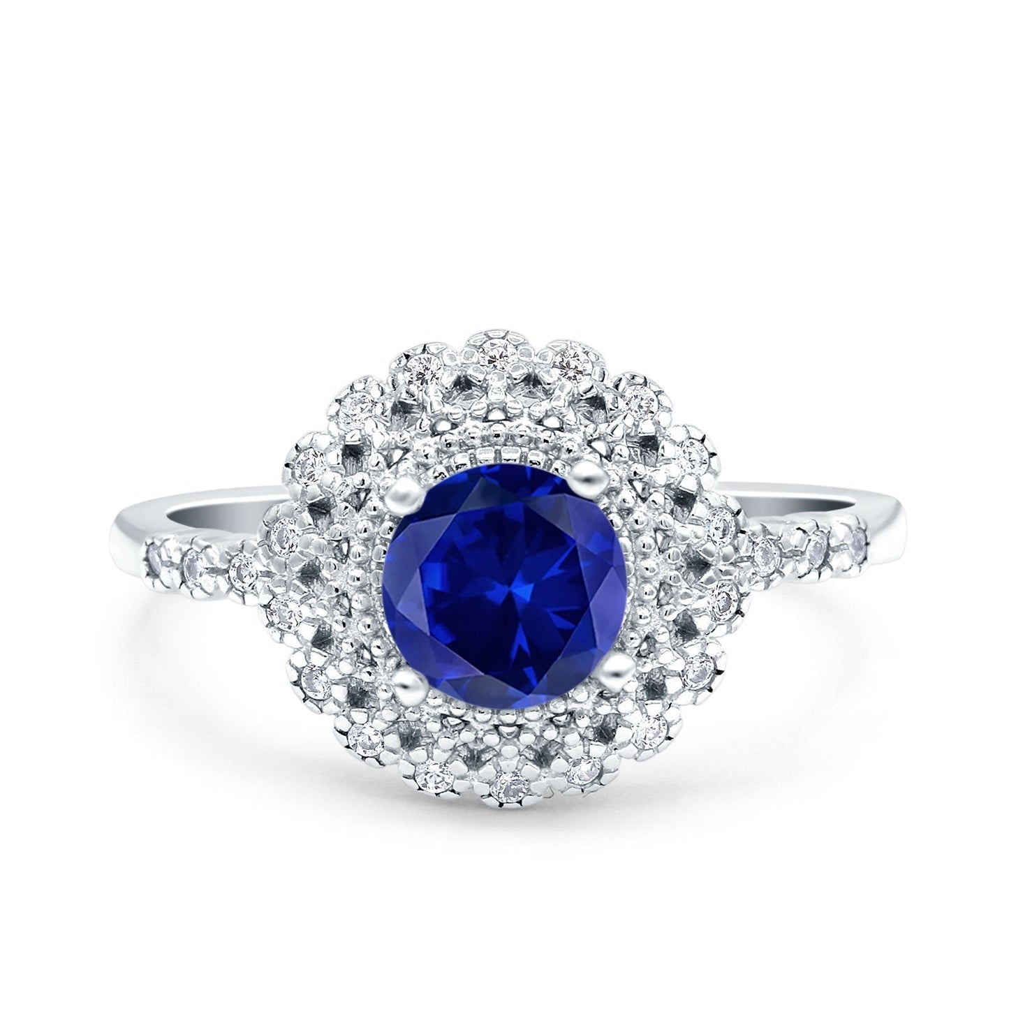 Halo Art Deco Wedding Ring Round Simulated Blue Sapphire CZ