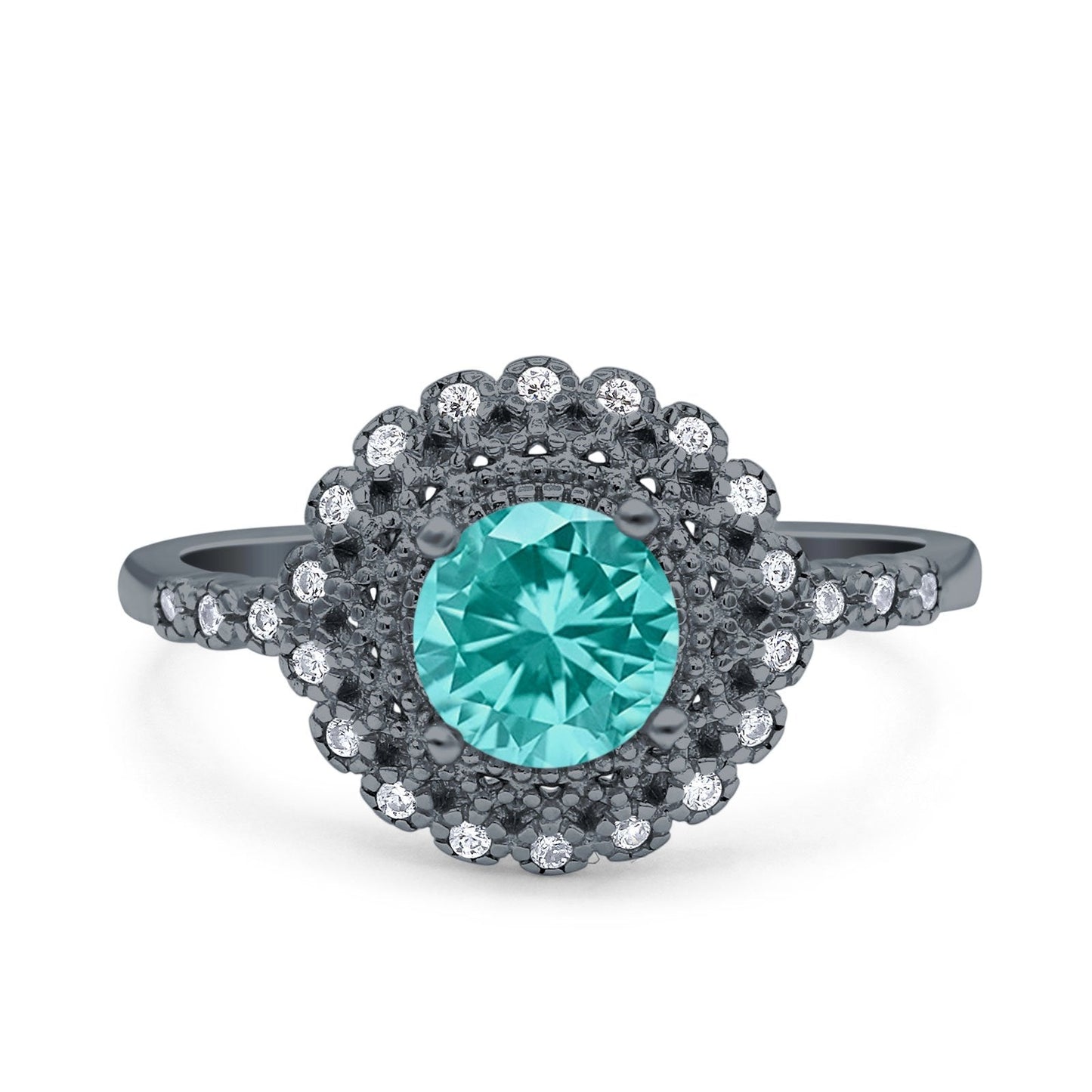 Halo Art Deco Wedding Ring Round Black Tone, Simulated Paraiba Tourmaline CZ