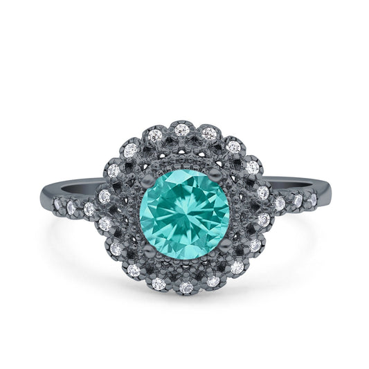 Halo Art Deco Wedding Ring Round Black Tone, Simulated Paraiba Tourmaline CZ