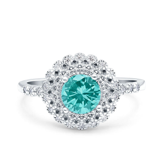 Halo Art Deco Wedding Ring Round Simulated Paraiba Tourmaline CZ