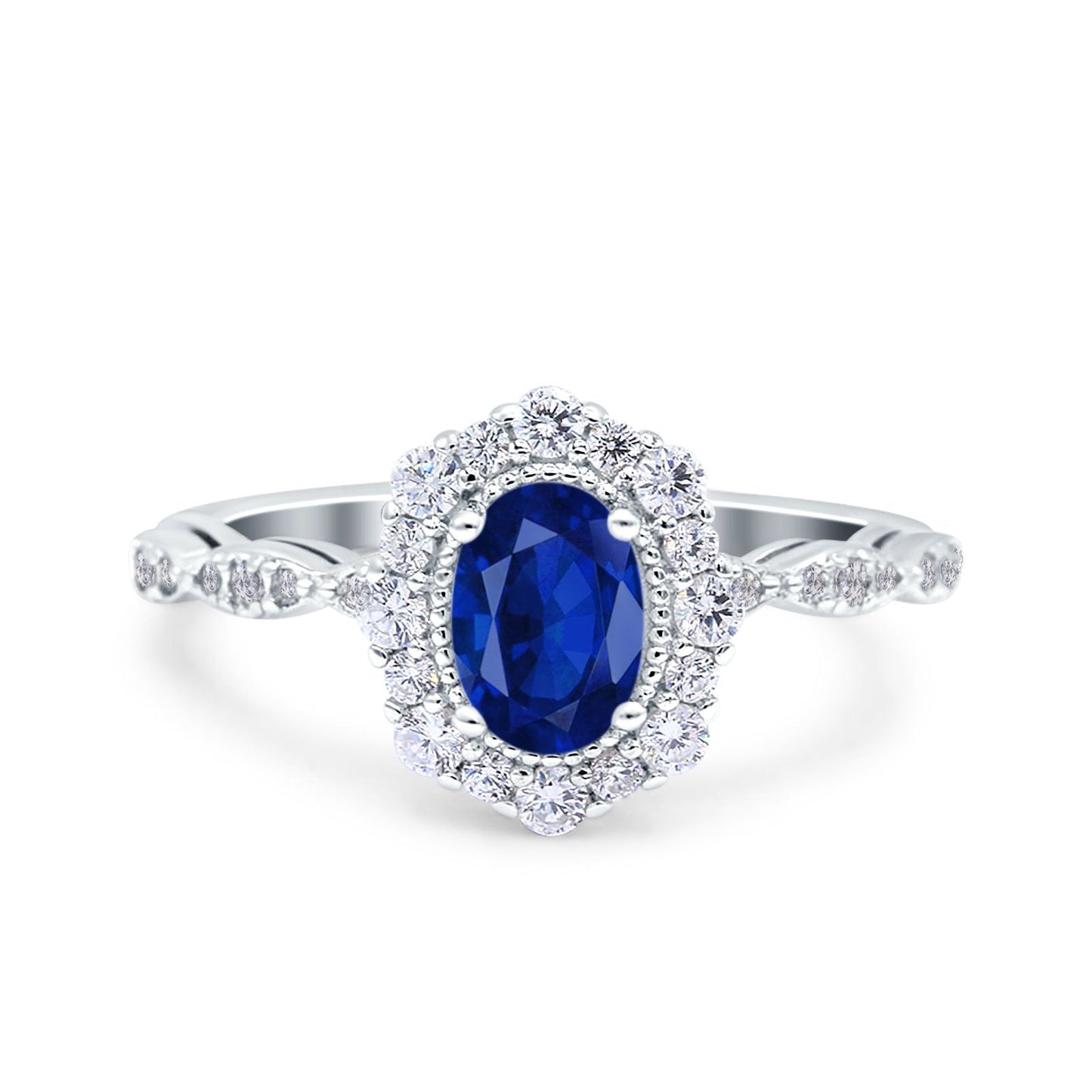 Art Deco Halo Oval Simulated Blue Sapphire CZ Engagement Ring