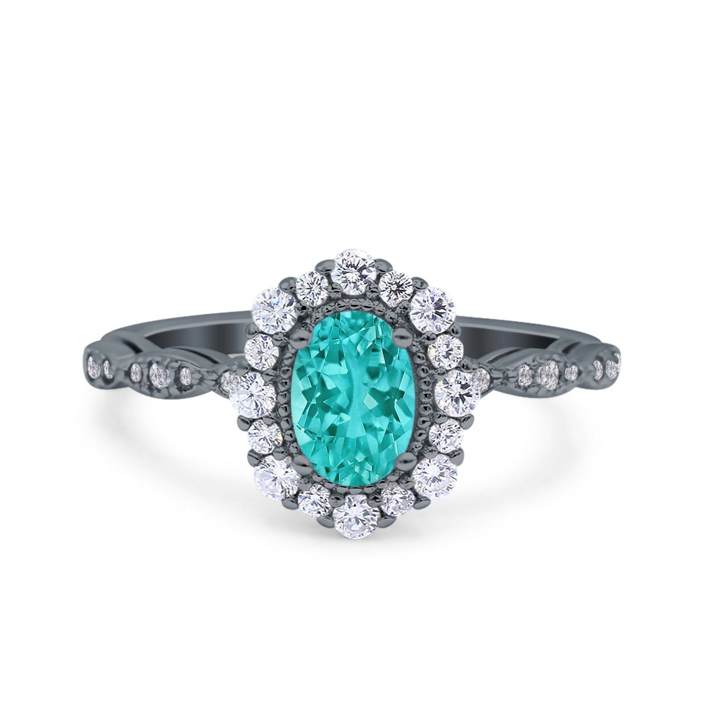 Art Deco Halo Oval Black Tone Simulated Paraiba Tourmaline CZ Ring