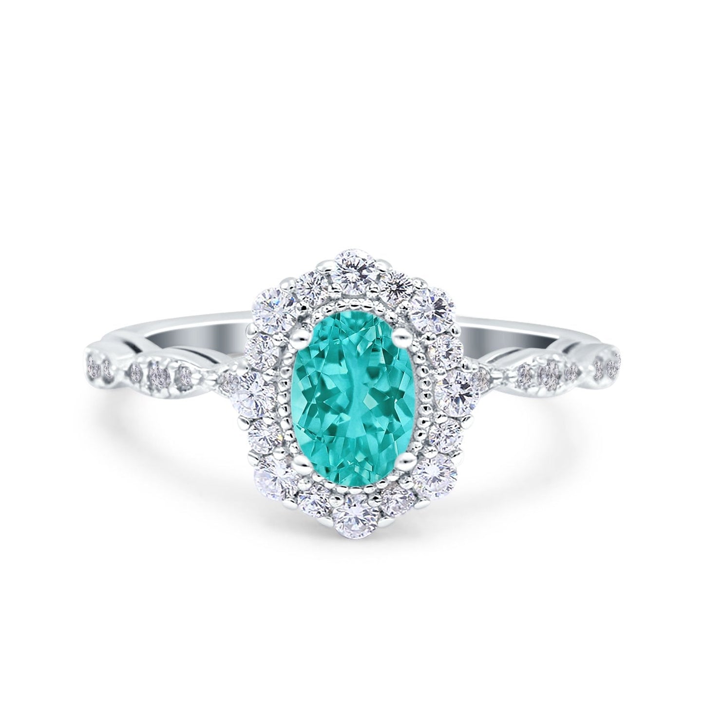 Vintage Halo Oval Simulated Paraiba Tourmaline CZ Engagement Ring