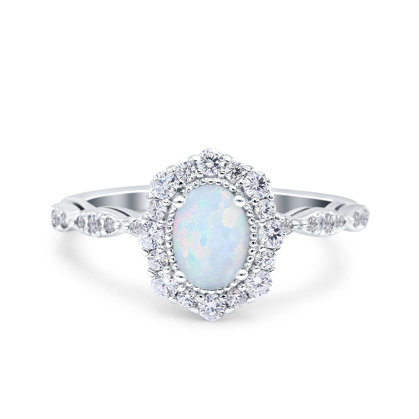 Vintage Art Deco Halo Oval Lab Created White Opal Engagement Ring