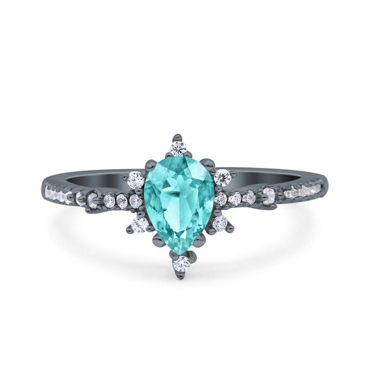 Starburst Teardrop Pear Black Tone Paraiba Tourmaline CZ  Wedding Ring