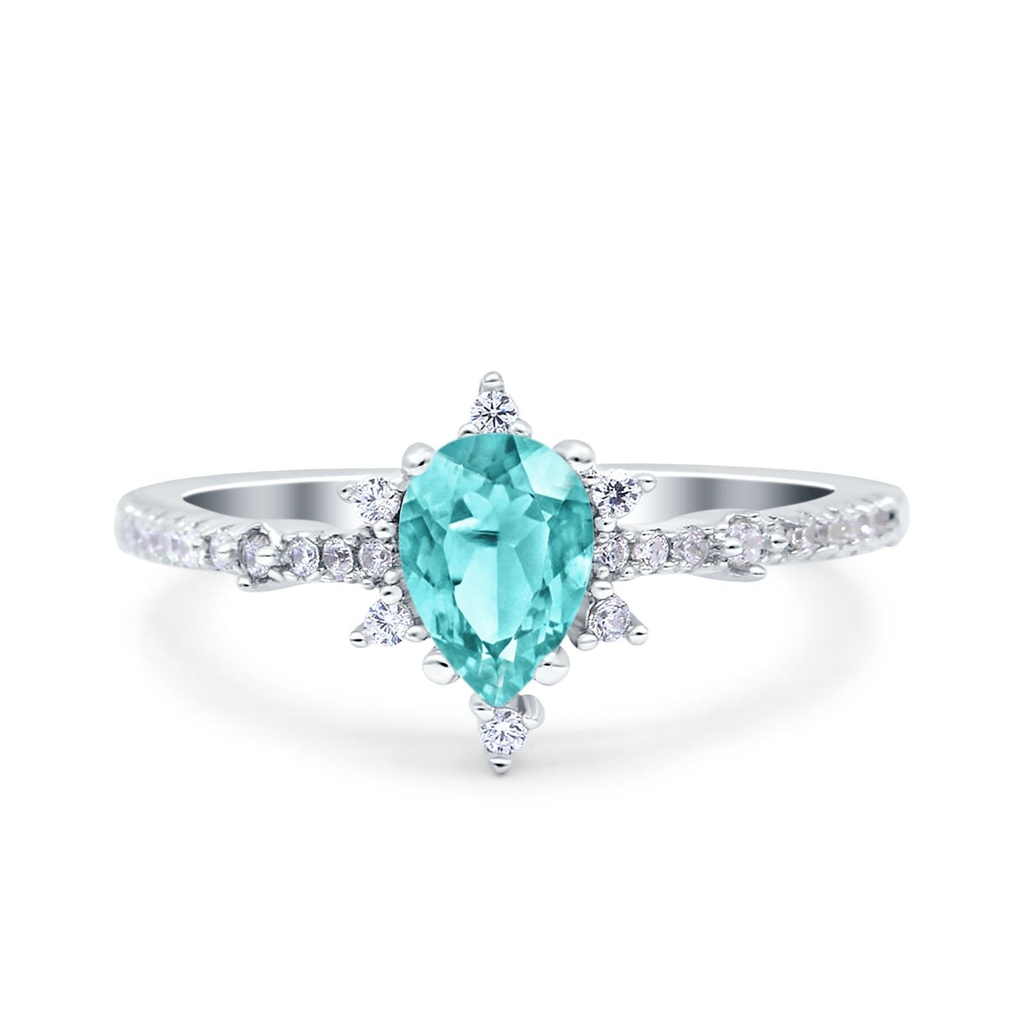 Starburst Teardrop Pear Simulated Paraiba Tourmaline CZ Wedding Ring